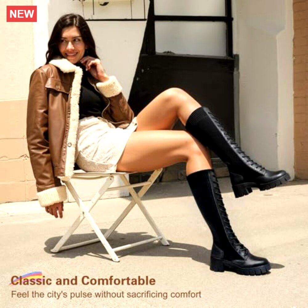 Women's Knee High Combat Boots Chunky Platform Heel Lace Up Work Boots - Picture 2 of 7